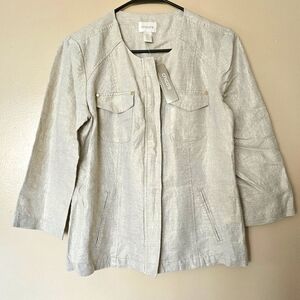 Chicos Beige Metallic Foiled Linen Shine Jacket Size S Travel Office Career Glam